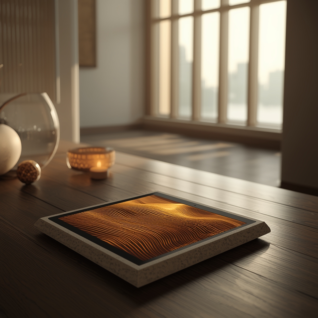 A high-end, cinematic shot of a serene, minimalist digital wellness space. Soft morning light filtering through large windows, a sleek stone tablet on a wooden surface showing a calming golden wave pattern. No people. 8k resolution, photorealistic, peaceful atmosphere. No women.
